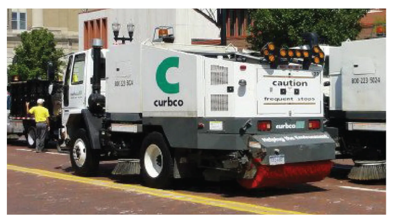 CurbCo street sweeper working on a downtown street