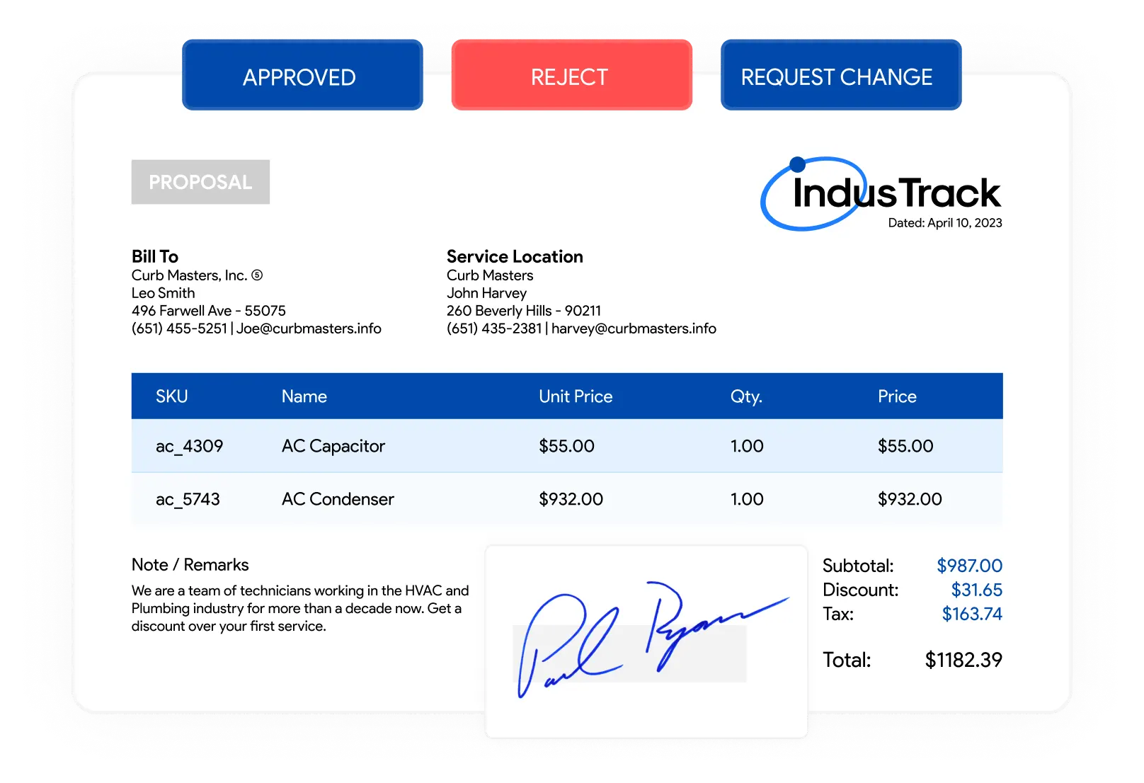 Digital estimate sent for customer approval