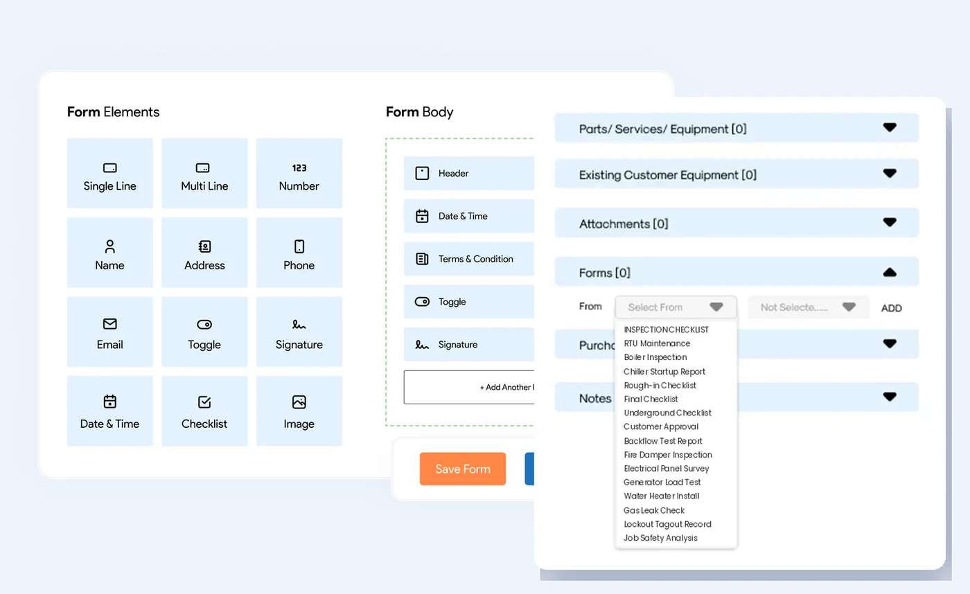 IndusTrack form builder with a checklist element, and a job with checklists such as rough-in, final and underground checklists