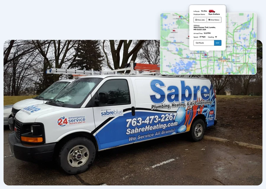 Sabre Plumbing, Heating and Air Conditioning service van with the IndusTrack GPS live map showing a vehicle's driver, address, arrival time and speed