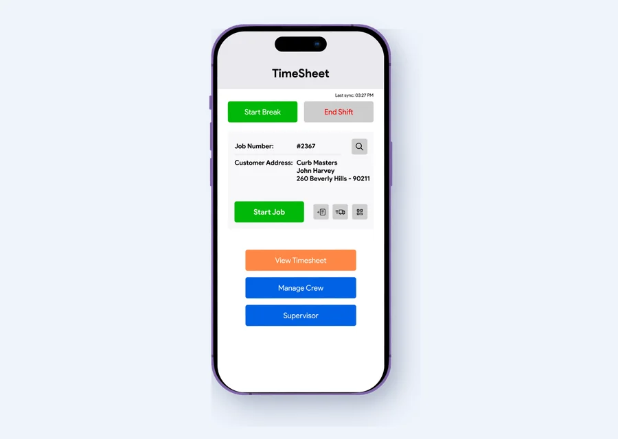 IndusTrack mobile timesheet with start break, end shift and start job