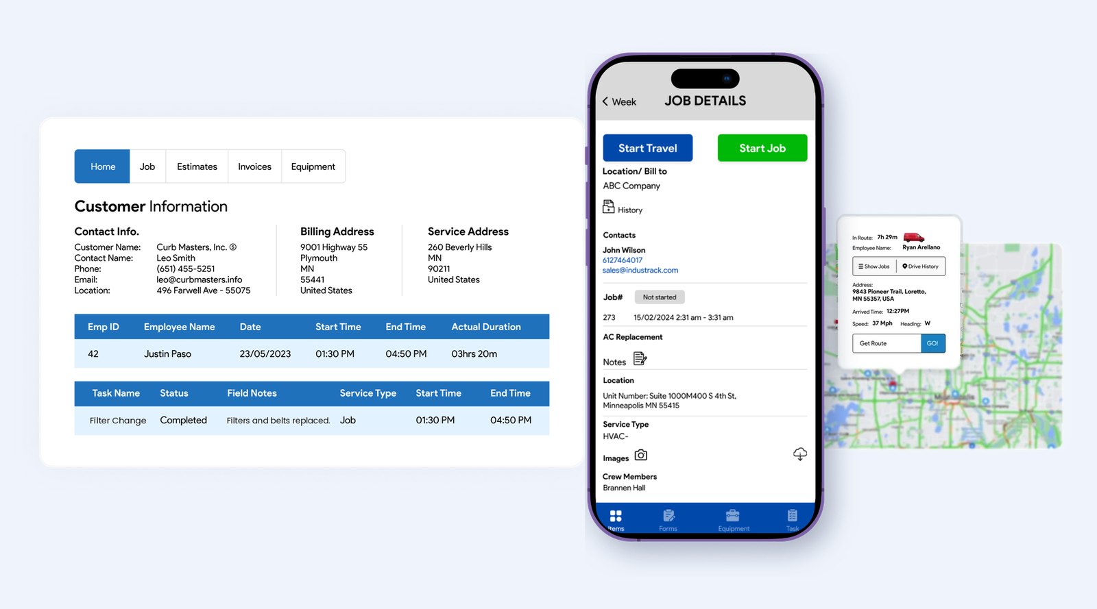 IndusTrack office screen with timesheets and technician notes, the mobile job details screen, and the GPS live map with a vehicle's details