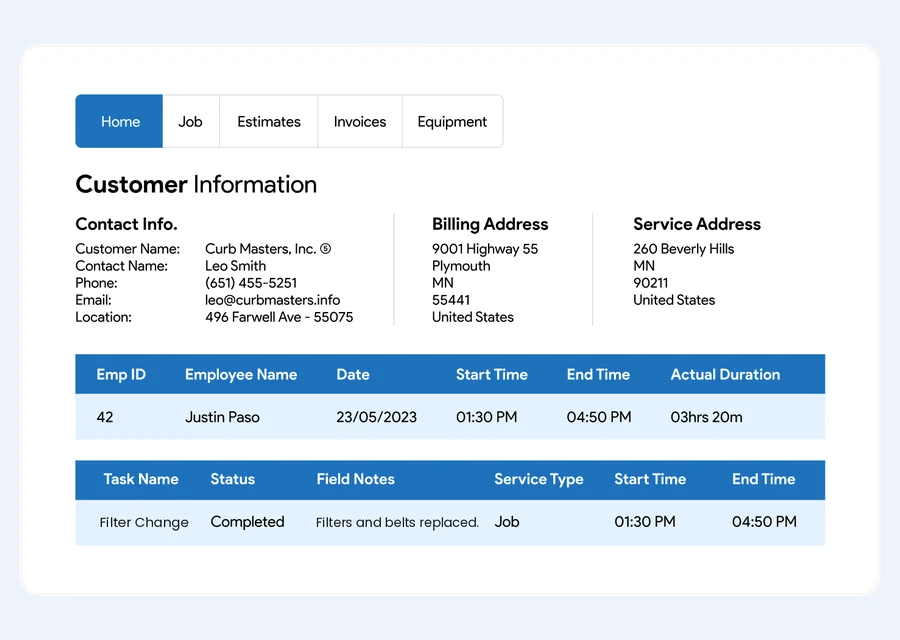 IndusTrack office screen with a customer, the timesheet for a visit and the technician's notes