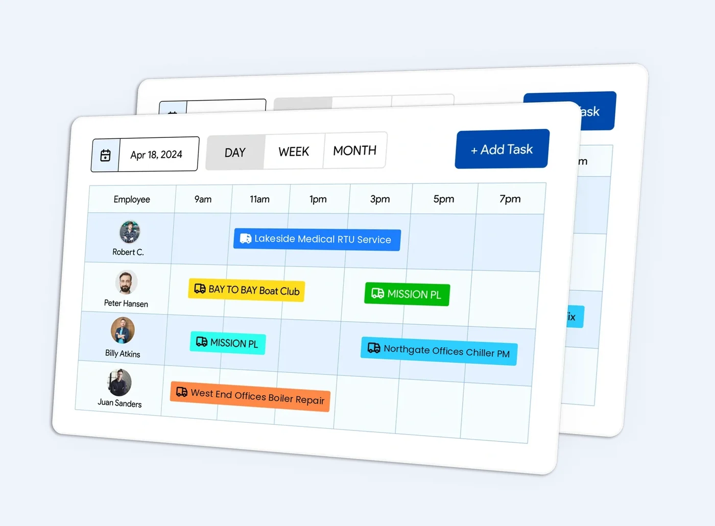 IndusTrack scheduling board on a tablet with service calls and project work assigned to each technician
