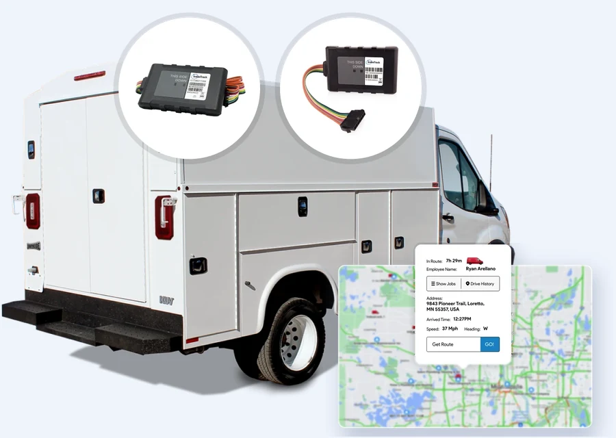 IndusTrack GPS tracking device installed in a service vehicle, and the GPS live map with the vehicle's driver, address, arrival time and speed