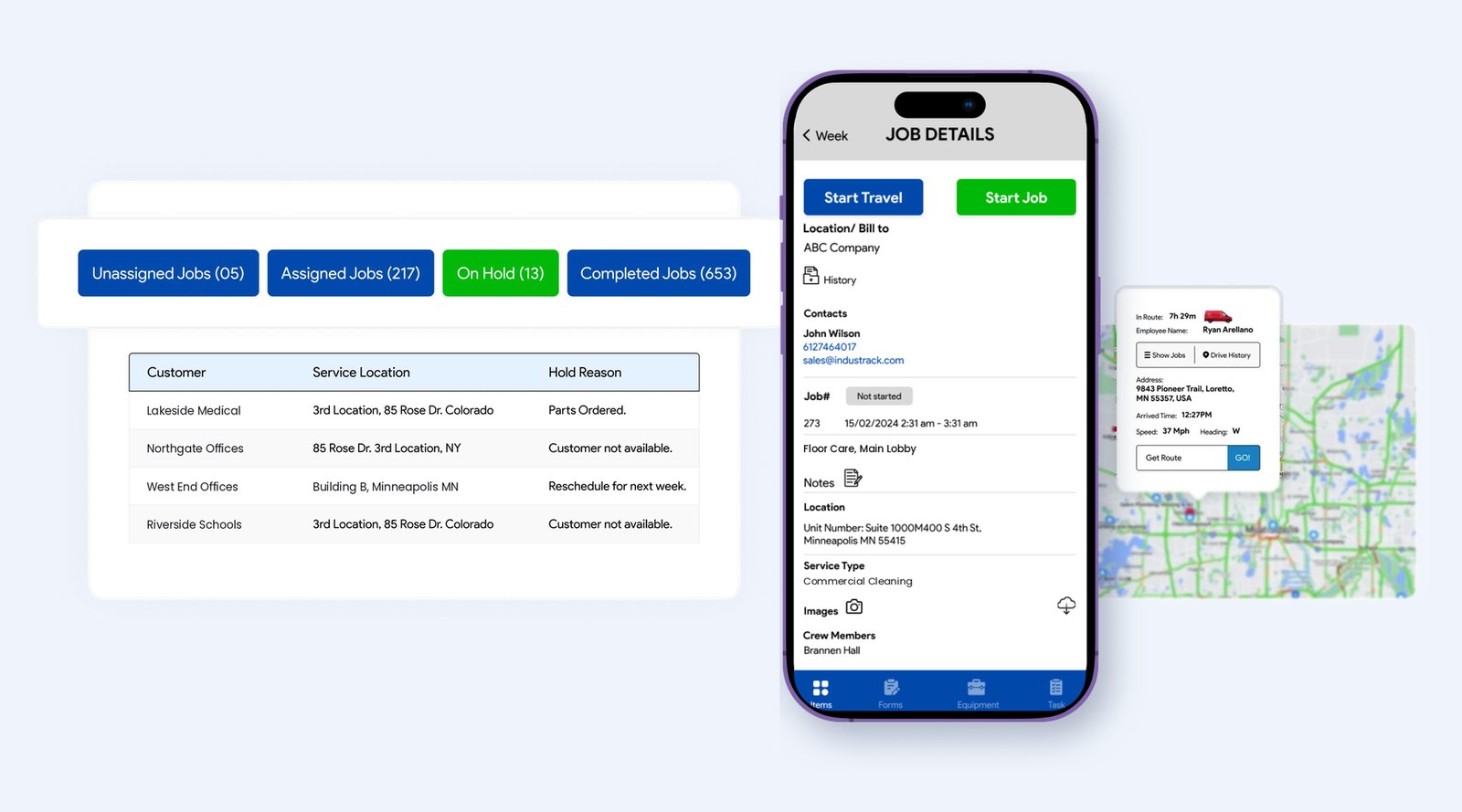 IndusTrack office job queues, the mobile job details screen for a cleaning job, and the GPS live map with a vehicle's details