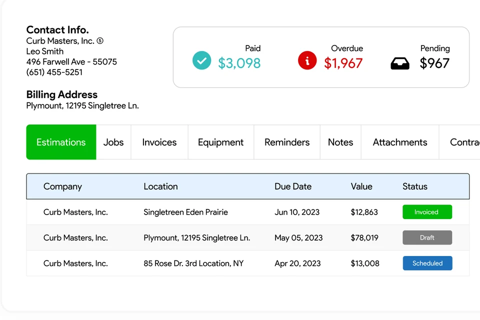 Customer record in IndusTrack with contact info, paid, overdue and pending totals, and estimates by location