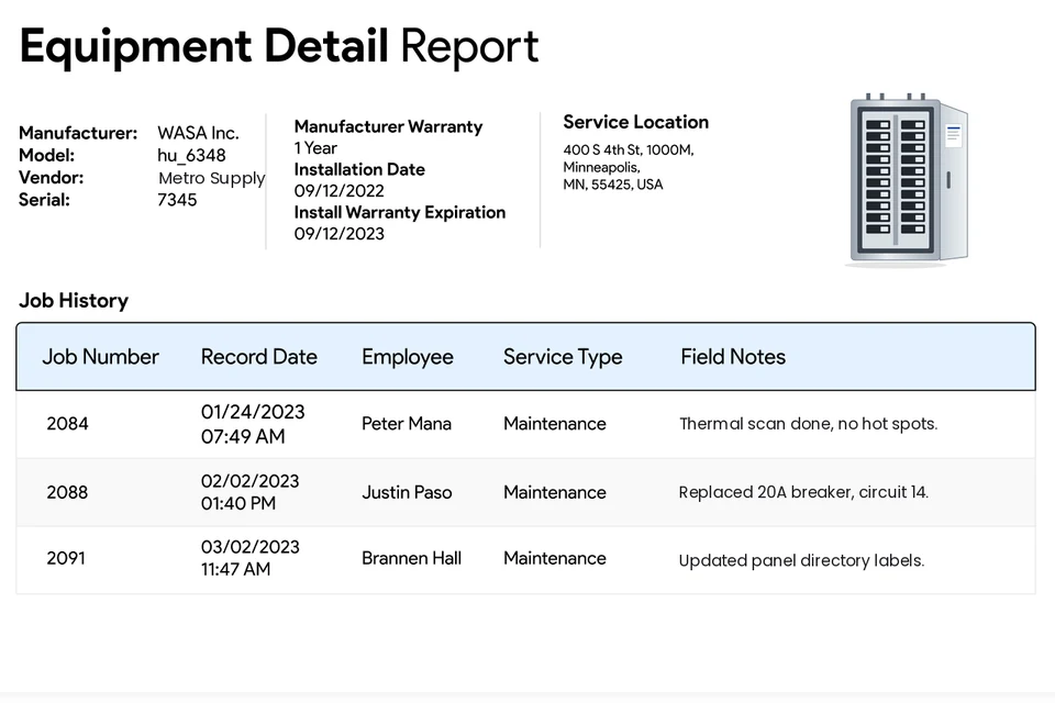 IndusTrack equipment detail report with warranty, installation date, service location and job history with technician notes