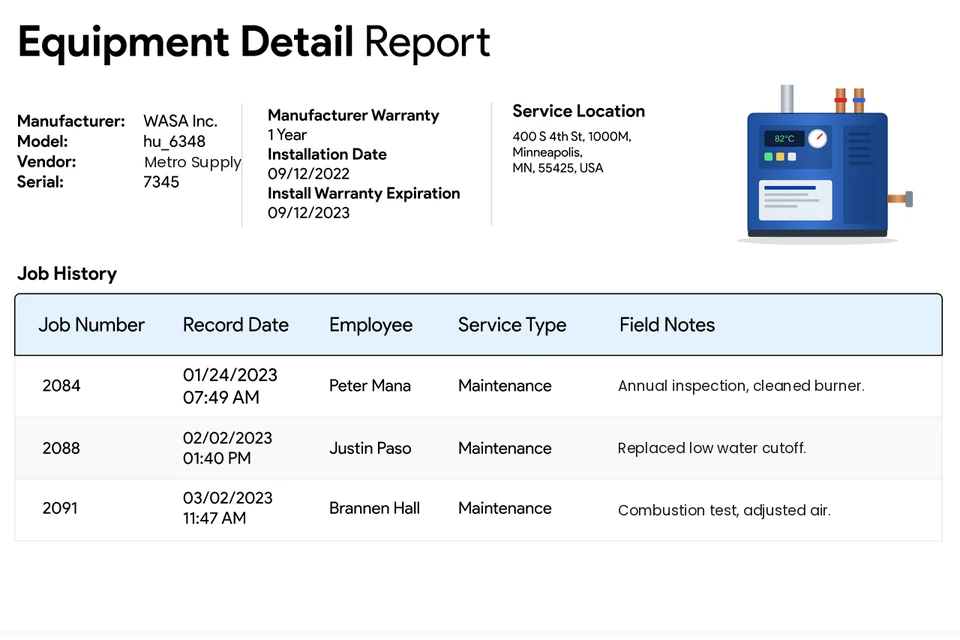Equipment record in IndusTrack with photo, manufacturer, model, serial number, barcode and service location