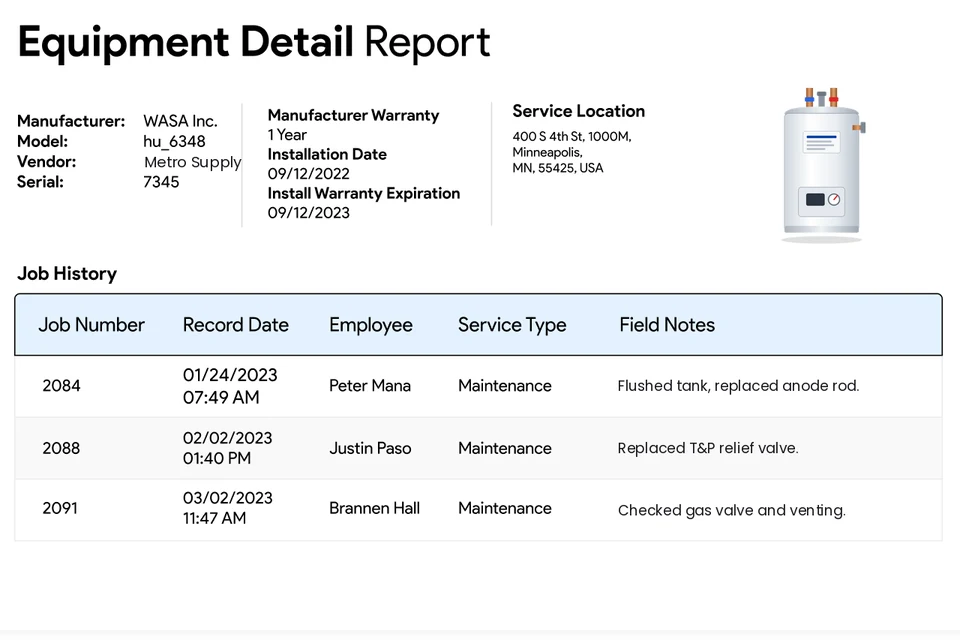 IndusTrack equipment detail report with warranty, installation date, service location and job history with technician notes