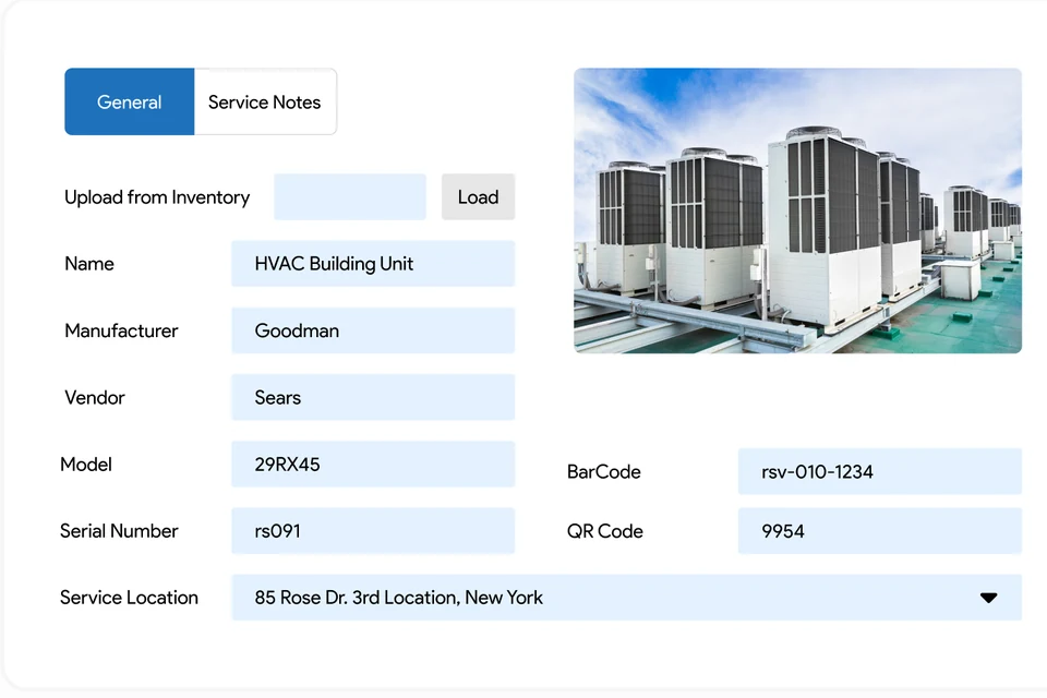 Equipment record in IndusTrack for an HVAC building unit with photo, model, serial number, barcode and service location