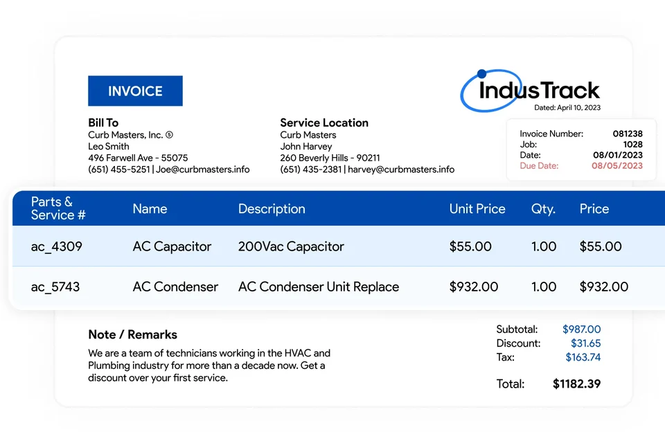 IndusTrack invoice with bill to, service location and parts and service lines