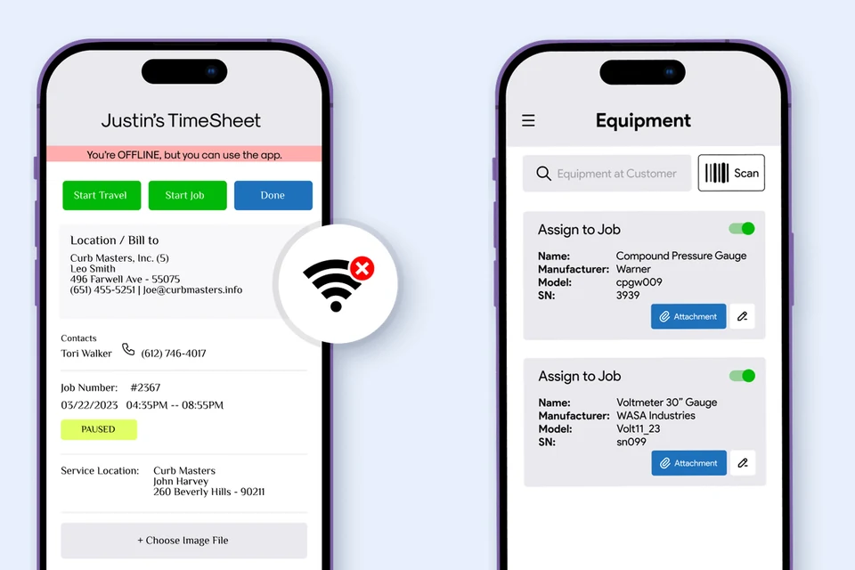 IndusTrack mobile app working offline, and the equipment screen with barcode scan