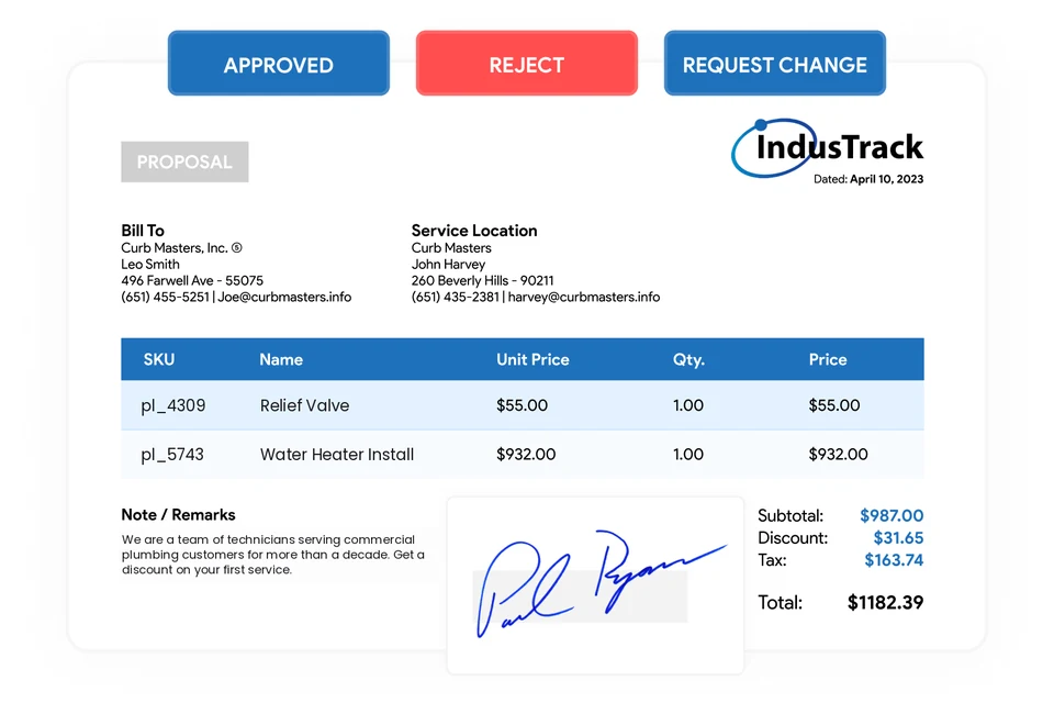 IndusTrack proposal with line items, approve, reject and request change buttons and the customer's signature