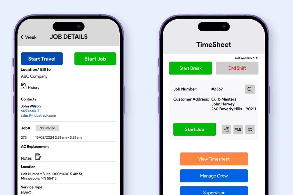 IndusTrack mobile app job details and timesheet screens on two phones