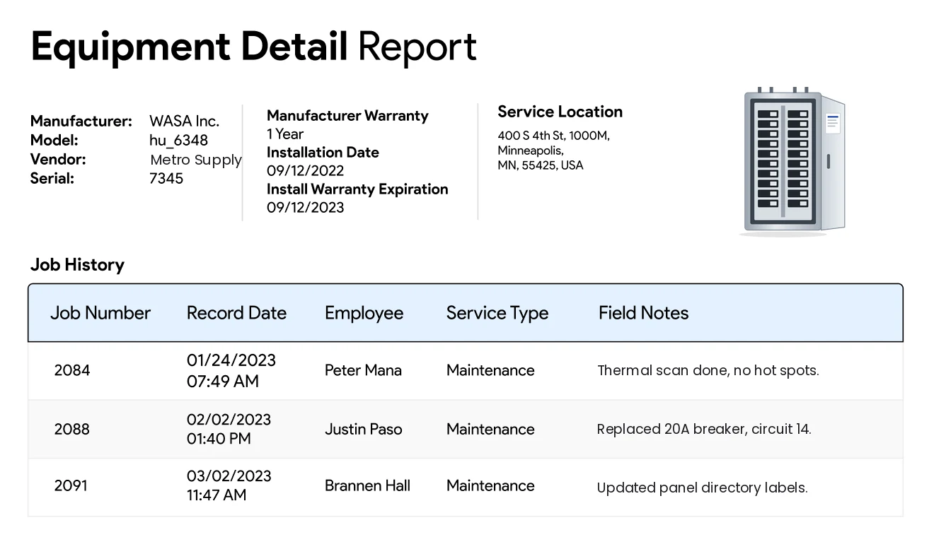 IndusTrack equipment record with installation date, warranty and job history for electrical equipment