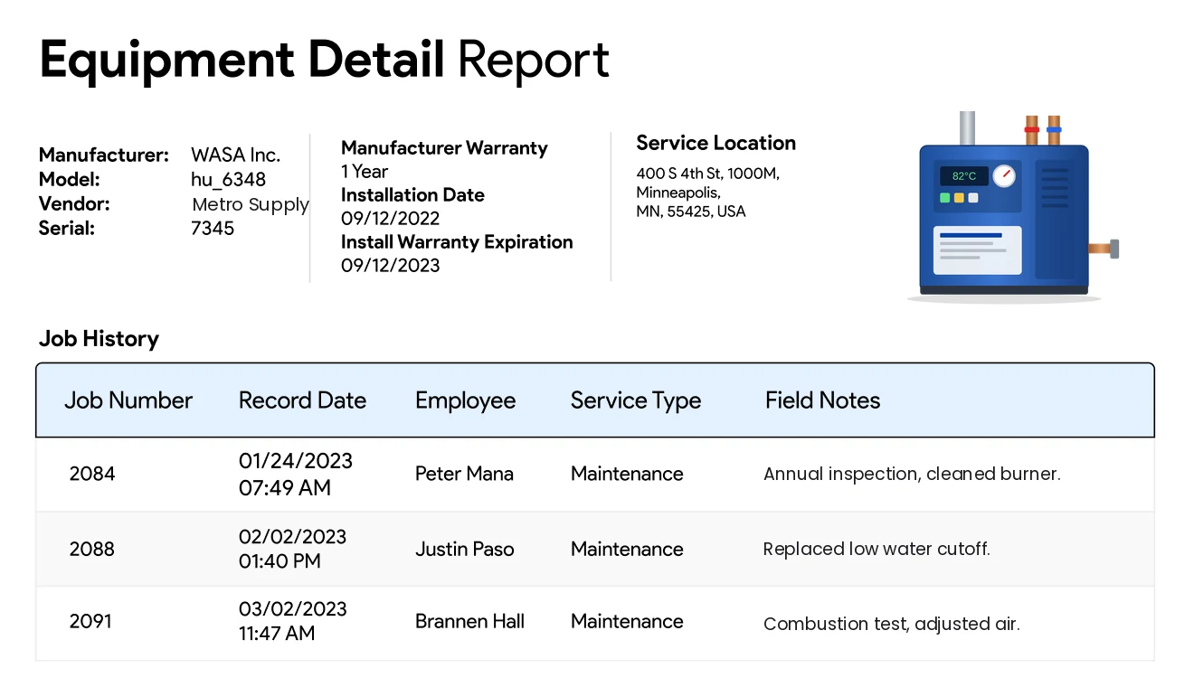 IndusTrack equipment record with installation date, warranty and job history for mechanical equipment