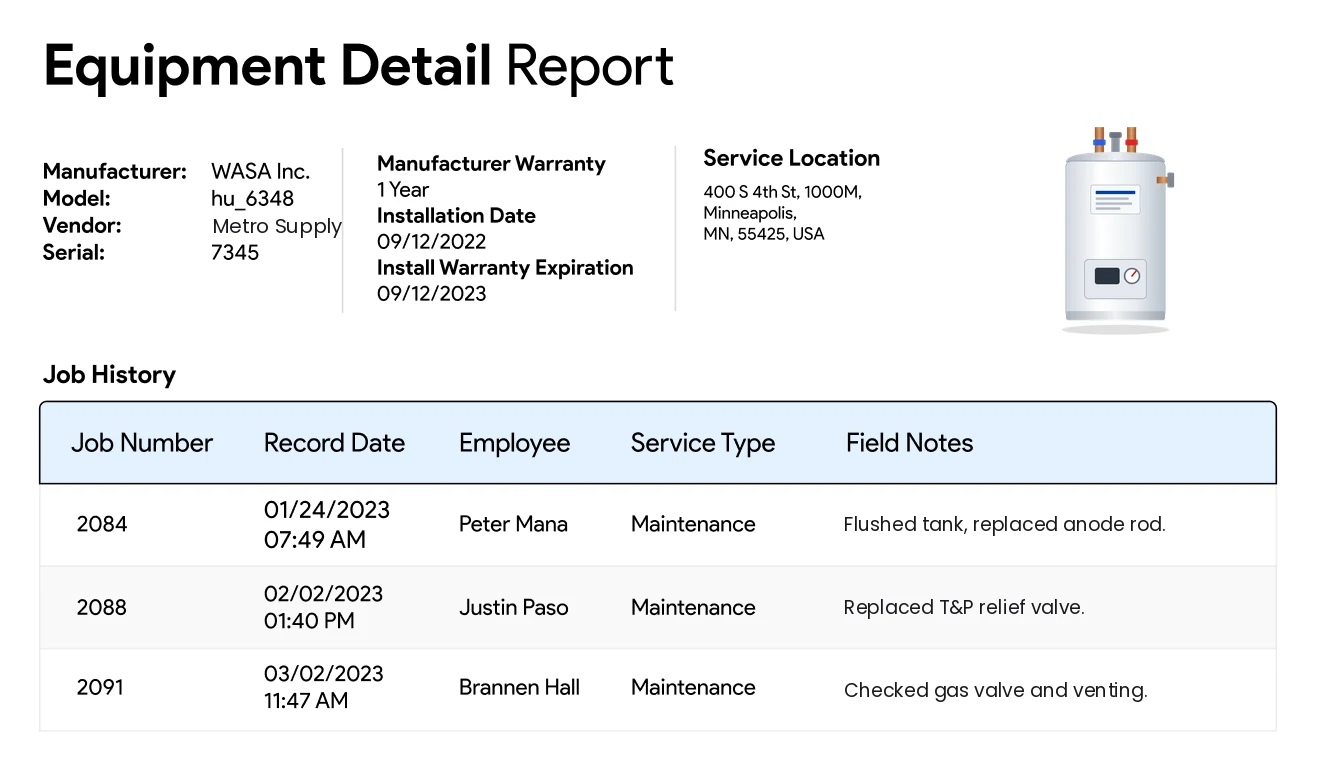 IndusTrack equipment record with installation date, warranty and job history for a plumbing device