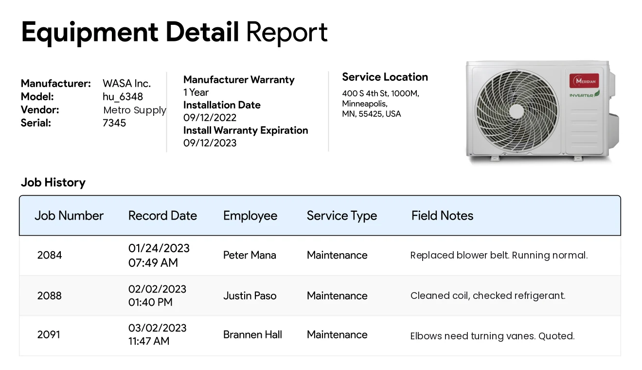 HVAC equipment record in IndusTrack with model, serial, installation date, warranty and job history with technician notes