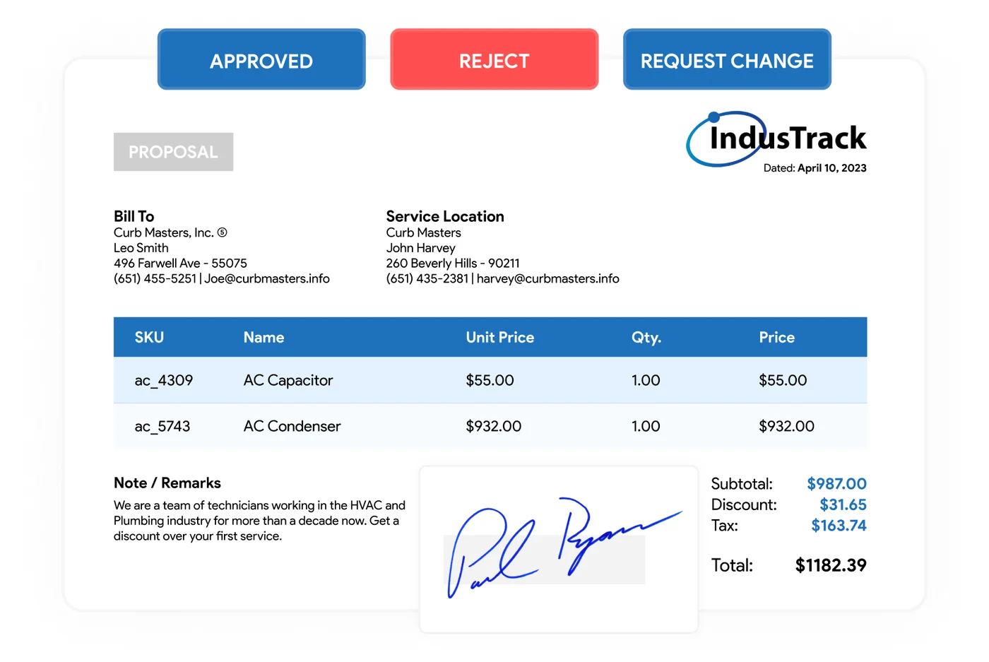 IndusTrack proposal for HVAC parts with approve, reject and request change and a customer signature