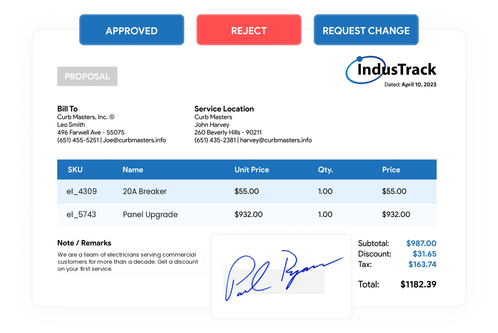 IndusTrack proposal with approve, reject and request change and a customer signature