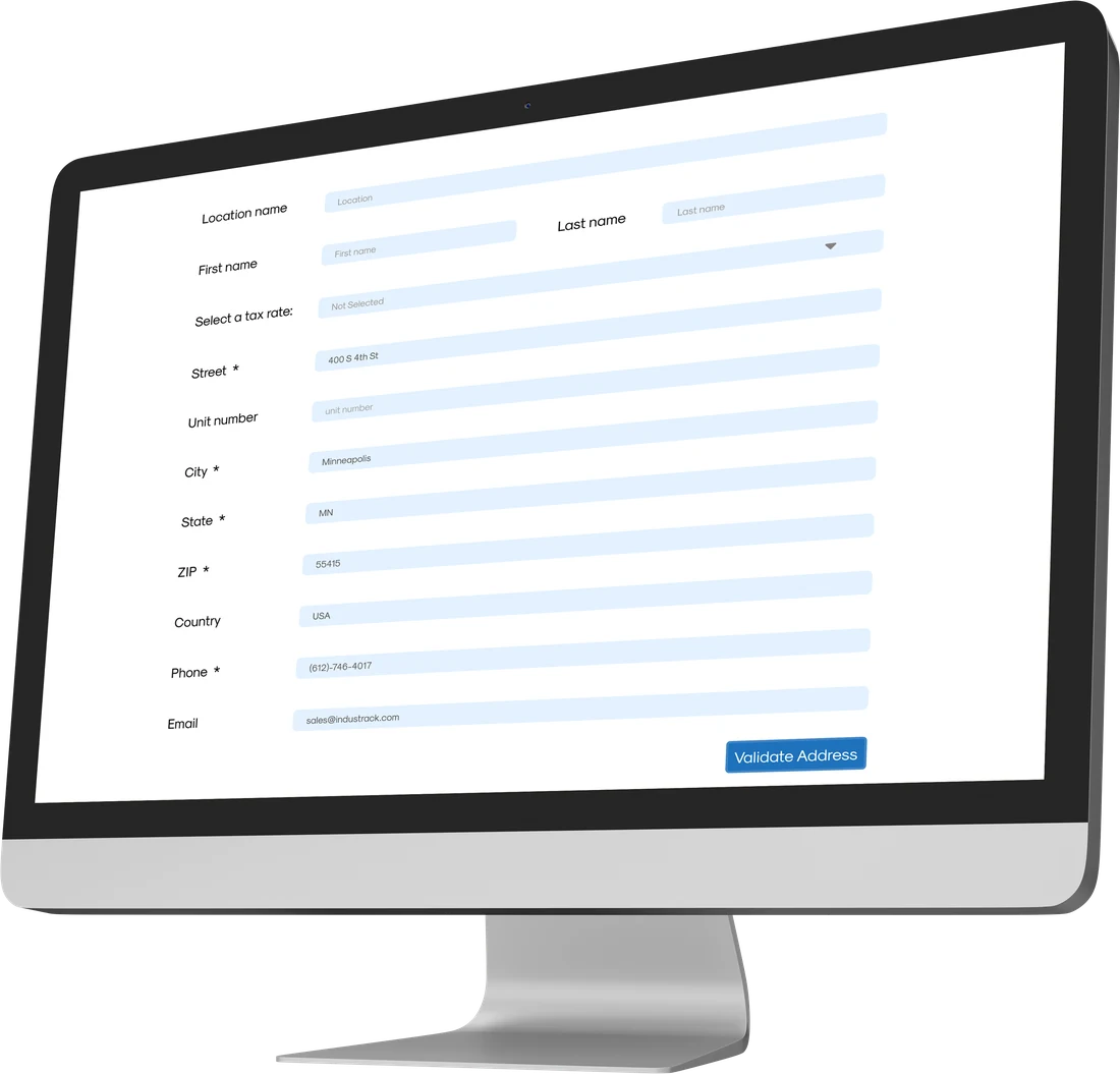 IndusTrack form for adding a service location with its own address, contact and tax rate