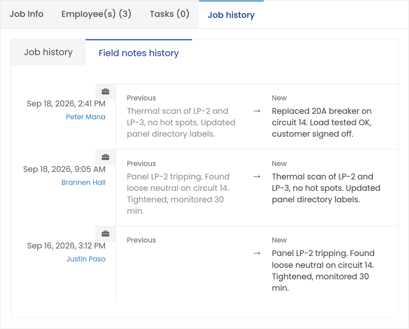 IndusTrack field notes history for one job, with each technician's note saved with their name and the date
