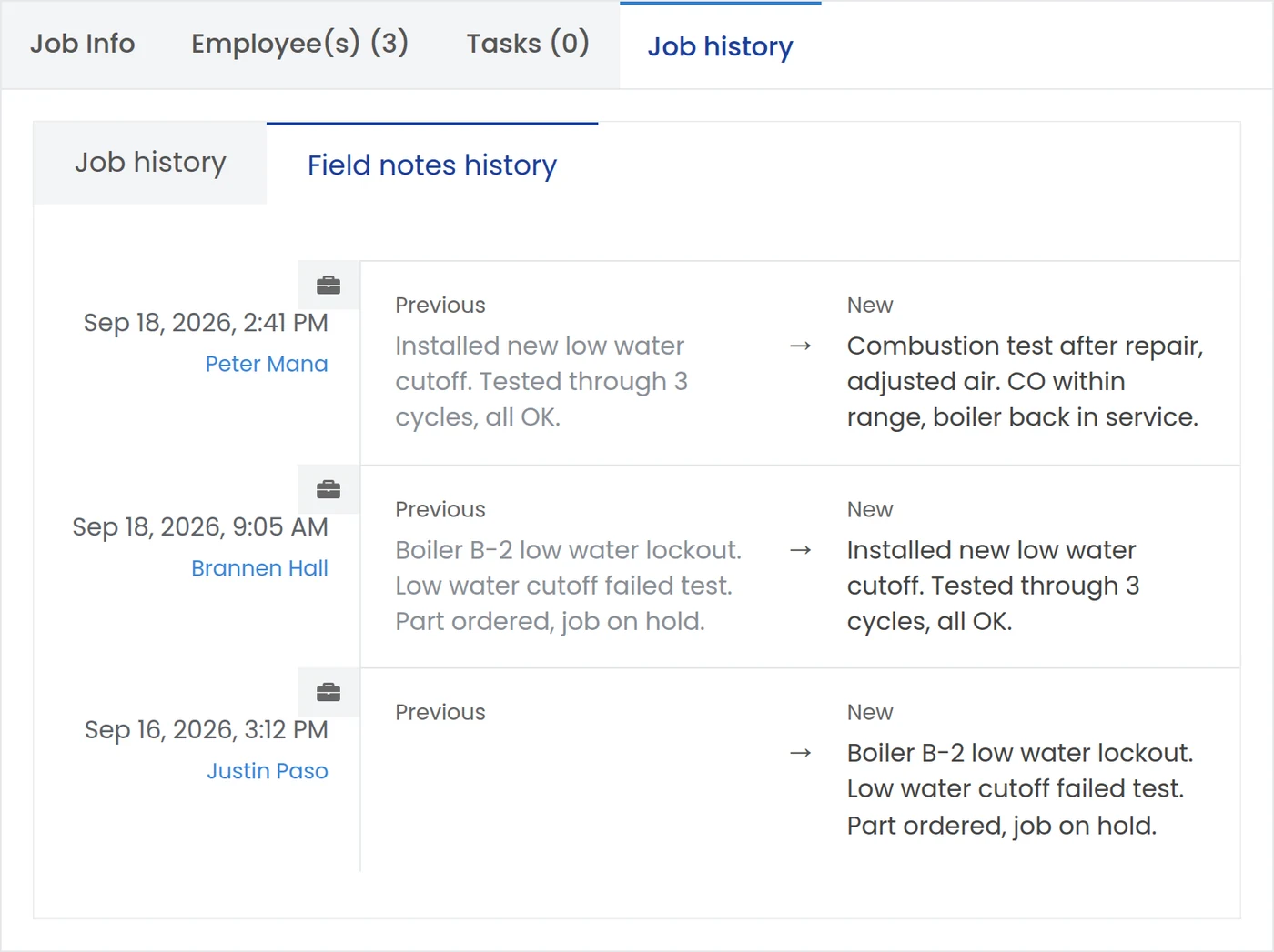 IndusTrack field notes history for one job, with each technician's note saved with their name and the date