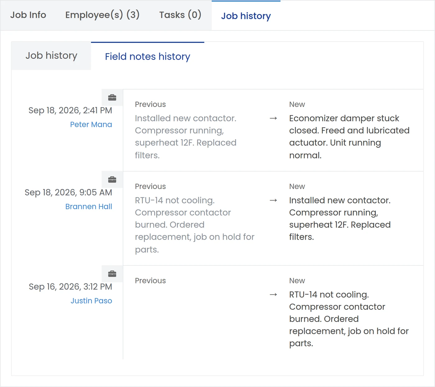 IndusTrack field notes history for one job, with each technician's note saved with their name and the date