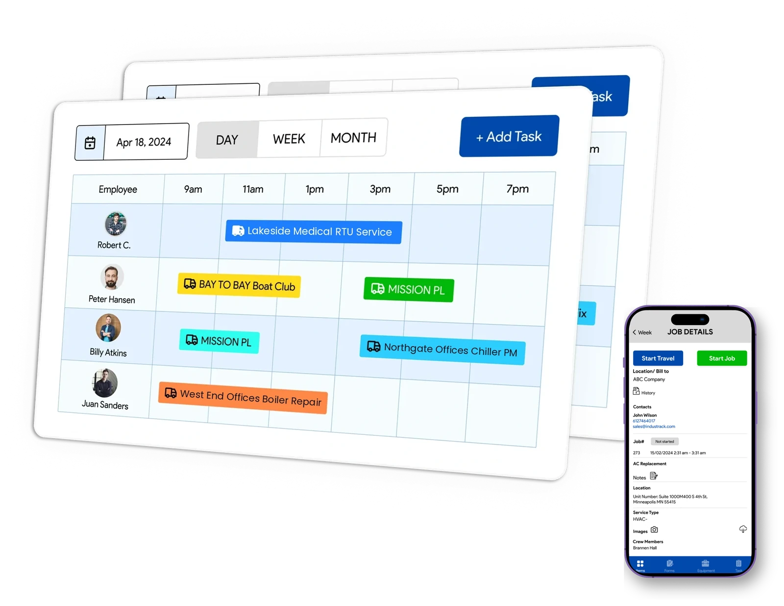 IndusTrack scheduling board with jobs assigned to technicians, and the job details screen on a technician's phone