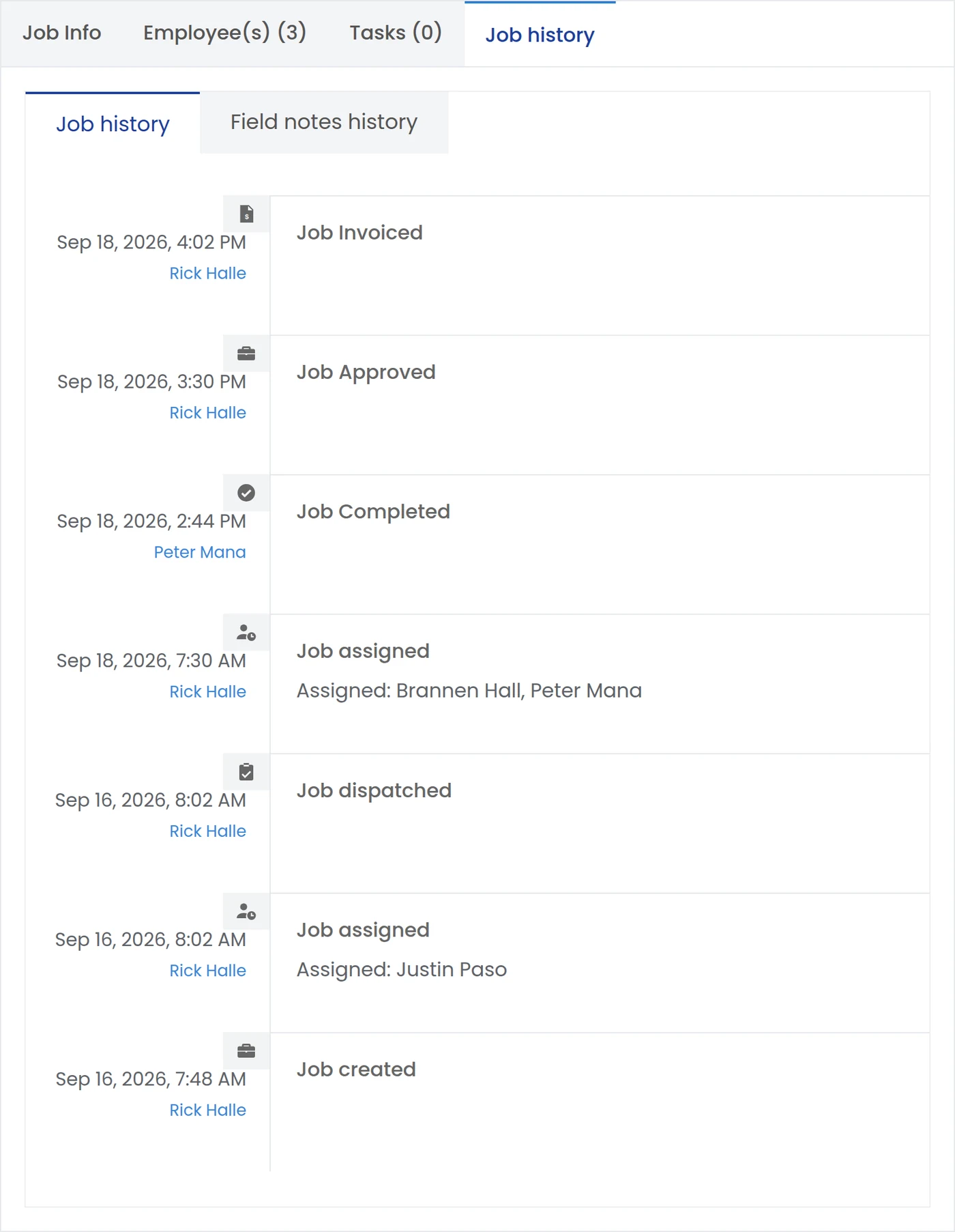 IndusTrack job history showing when the job was created, assigned to each technician, dispatched, completed, approved and invoiced