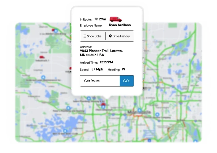 IndusTrack live map with vehicle details: time in route, employee, address, arrival time, speed and heading