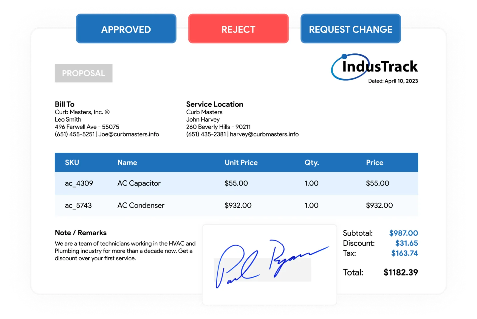 IndusTrack proposal approval screen